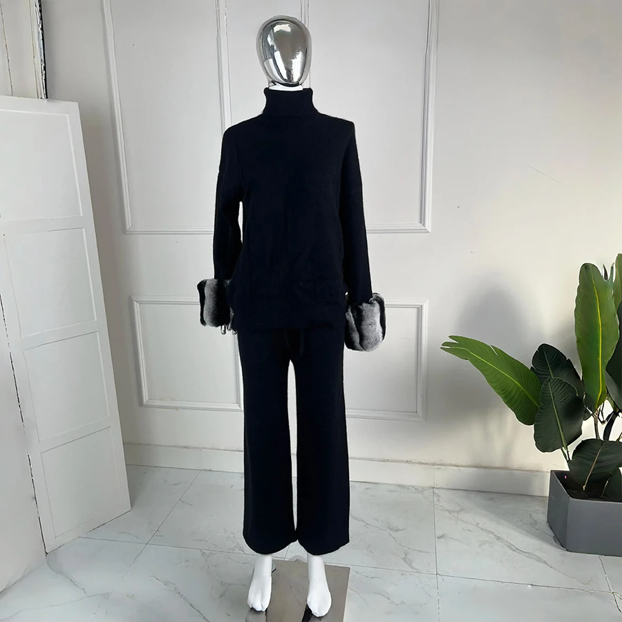 Real Chinchilla Rex Rabbit Fur Trim New Style Cashmere Sweater Cashmere Pants For Woman Spring Autumn Hot Sale