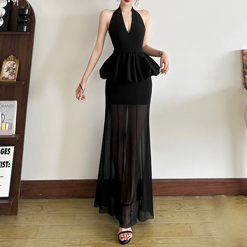 Letnia Elegancka Sukienka Midi Damska Jednolity Kolor Seksowna Sukienka na Szyję z Odkrytymi Plecami Wyszczuplająca Sukienka Bodycon z Przezroczystej Siateczki