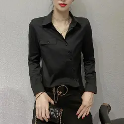 Office Lady Slim Simplicity Blouse Spring Autumn New Long Sleeve Polo Neck Asymmetrical Shirt Tops Vintage Elegant Women Clothes