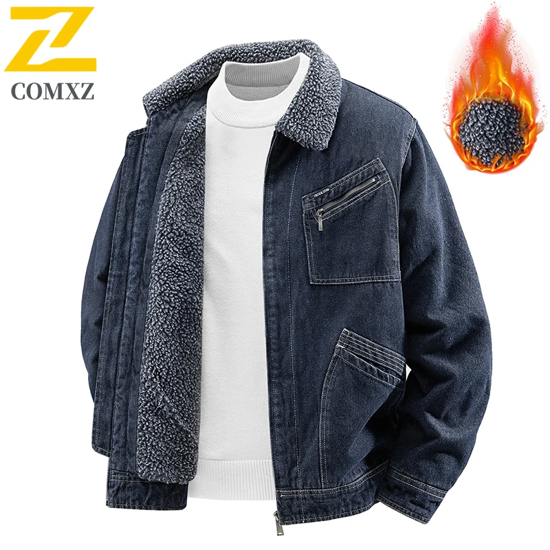 

Comxz 2026 New Lambswool Denim Jacket Men Winter High Quality Thick Fleece Cold-proof Parkas Man Street Retro Loose Work Coats