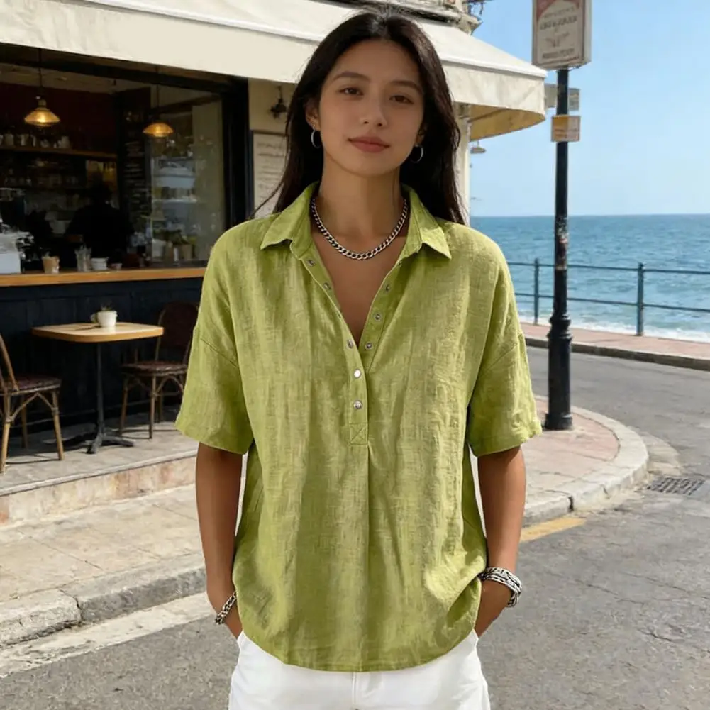 

Women Shirt Lapel Buttons Half Placket Short Sleeves Casual Blouse Pure Color Loose Fit Shirt Tops Parties Casual Wear