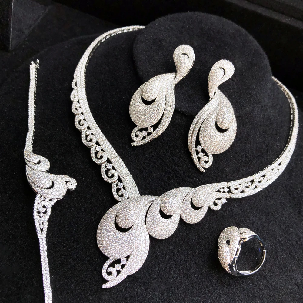 SORAMOORE Precious Luxury Sparkling CZ Jewelry Set Drop Necklace Earrings Bangle Ring 4 PCS  For Women Bridal Wedding Jewelry