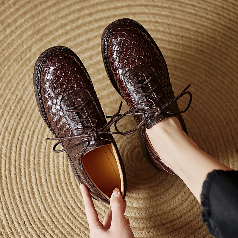 

Women Genuine Leather Woven Round Toe Lace Up Platform Soft Mid Heel Oxford Shoes