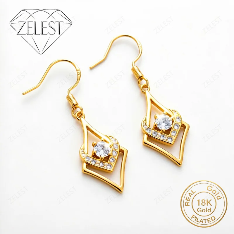 925 Sterling Silver 18K Gold Plated Double-Layer Diamond Heart-Shaped Zirconia Earrings for Women's Party Jewelry Gifts