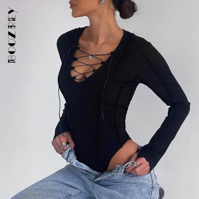 BoozRey 2023 Sexy Verband Binden Vorne Bodys für Frauen Ein Stück Langarm Rippen Stricken Solide Tops Bodys Outfits Kleidung