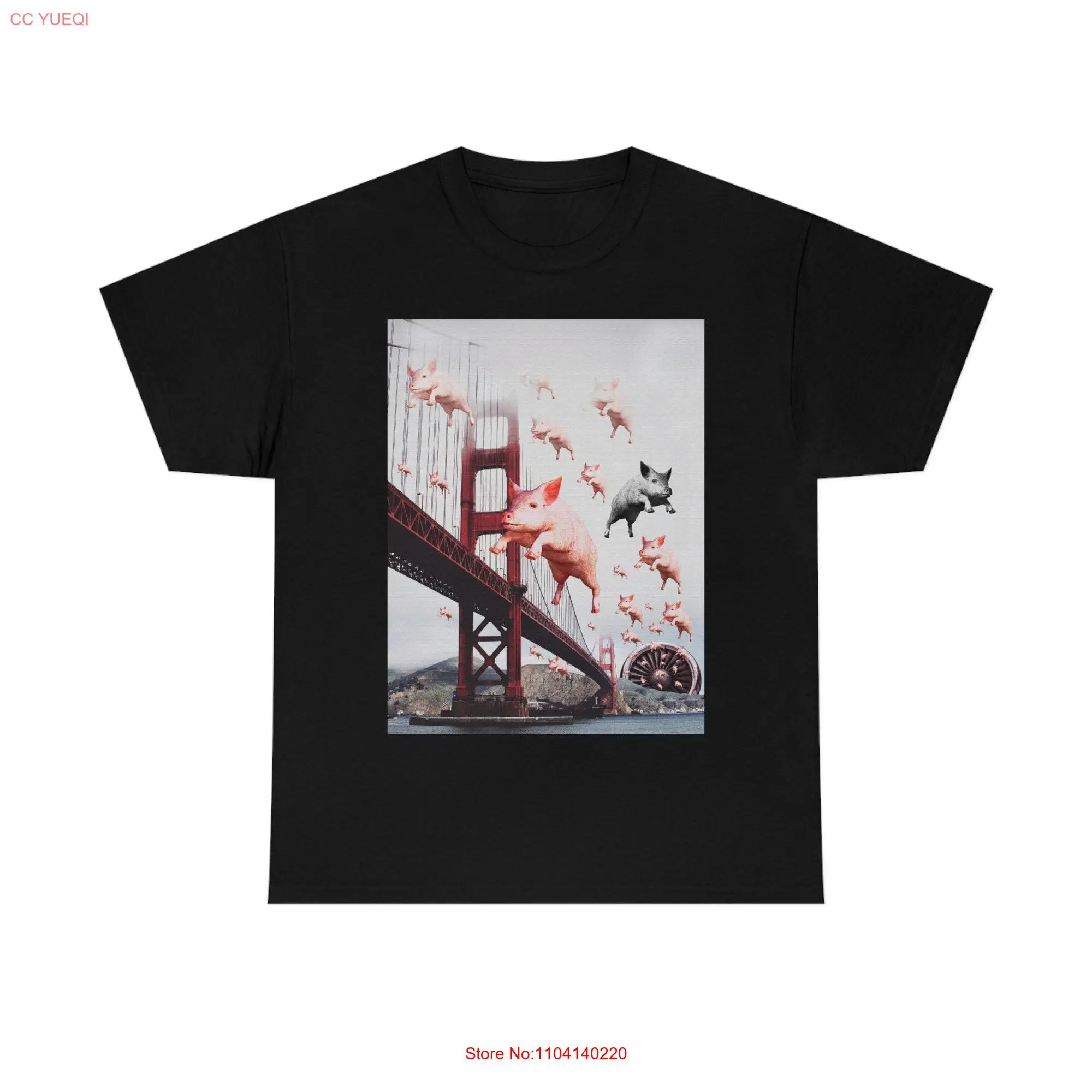 Heavy Cotton T Shirt Flying Pigs Over The Golden Gate Bridge San Francisco Surreal Collage Art Aesthetic Modern