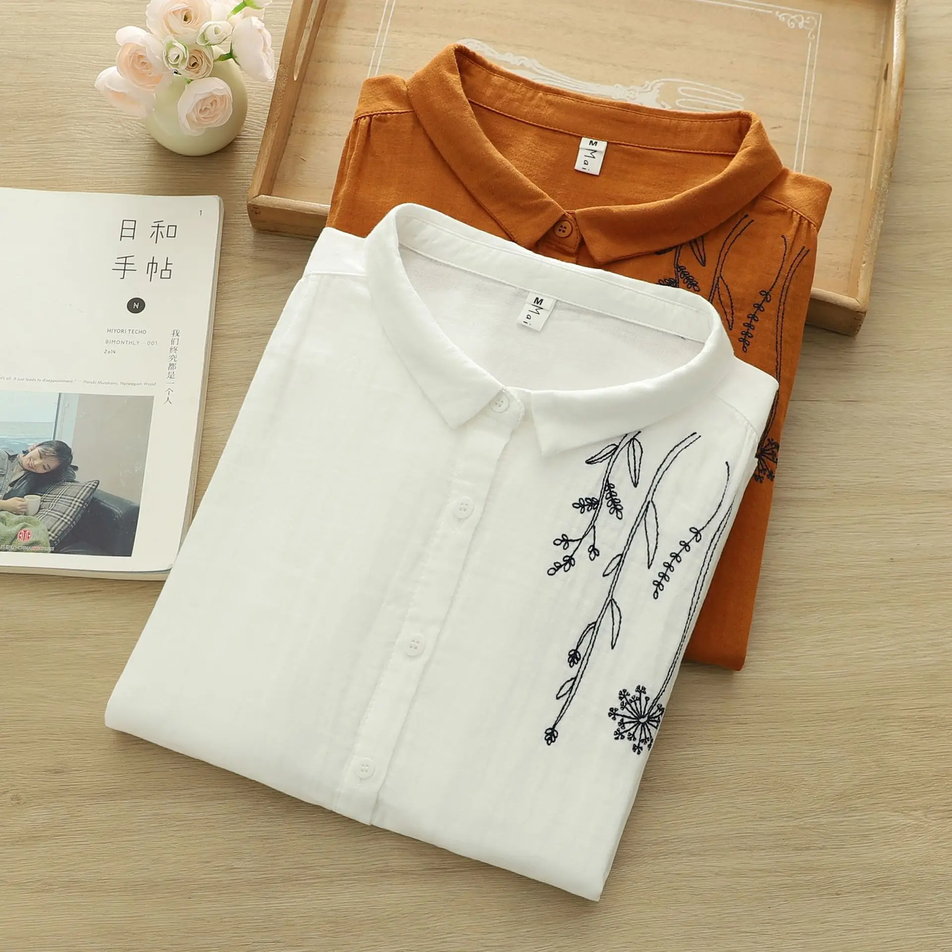 トップス MORI 2026 Mori girl summer Japanese style cotton yarn white orange art