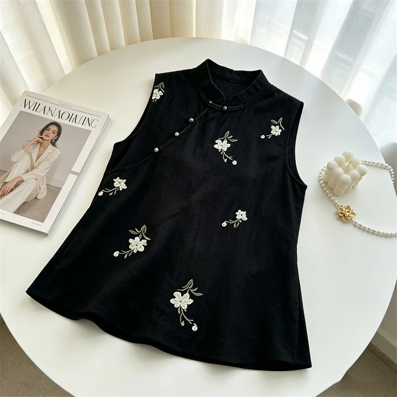 Fashion Black Embroidered Vest Coat Women's Chinese Oblique Buckle Retro Joker Sleeveless Jacket Outside National Wind Vest New