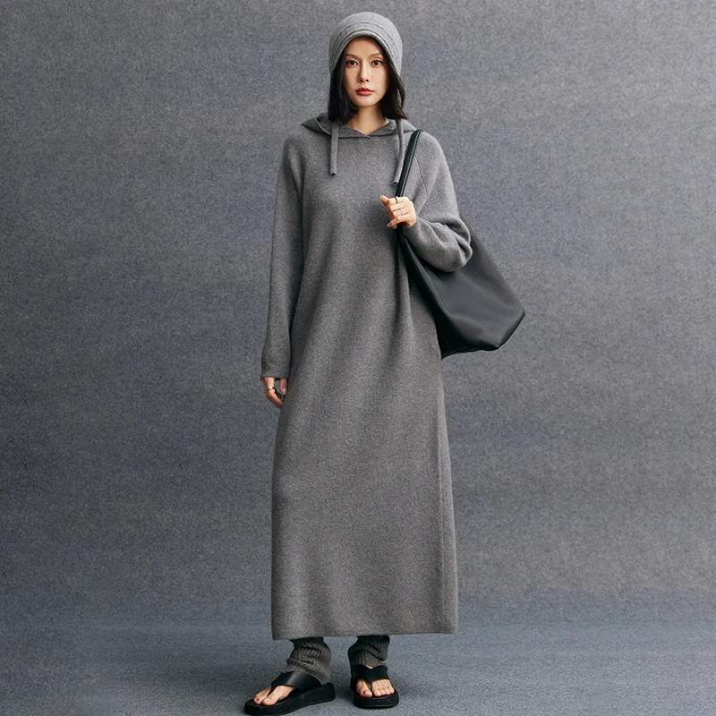Women Cashmere Hooded Dress 100% Cashmere Knitted Loose Dress Autumn Winter Thick Warm Cashmere Knitwear Long Sleeve Dress