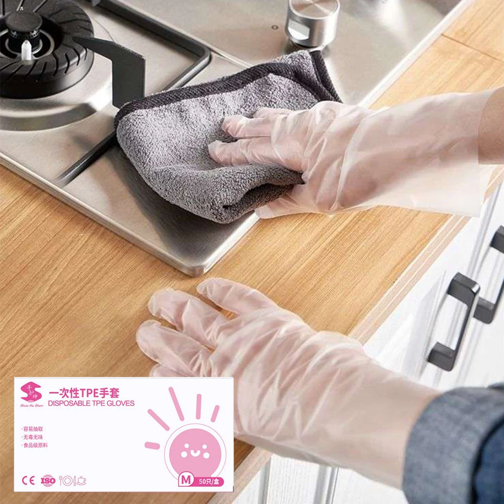 50pcs TPE Disposable Gloves Transparent One-time Gloves For Cooking Cleaning Clear Latex Free Food Prep Gloves Kitchen Tool