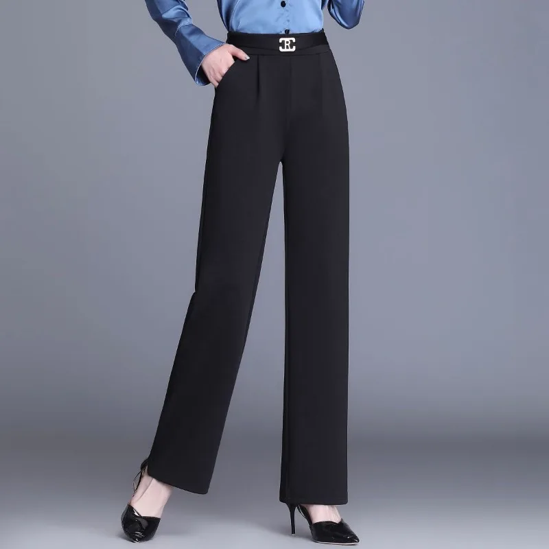 Women High Waist Straight Suit Pants Elastic Waist Metal Buckle Decor Loose Office Casual Long Trousers