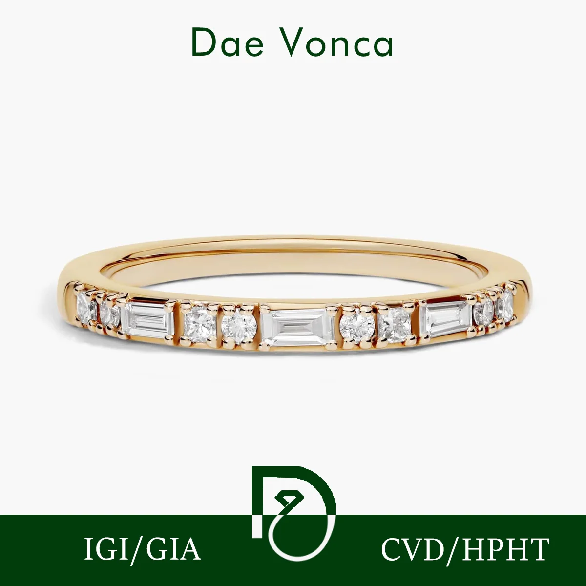 Anillo de media eternidad de oro amarillo de 9K/14K/18K con diamante de emisiones cero cultivado en laboratorio de Baguette y redondo y corte princesa para mujer