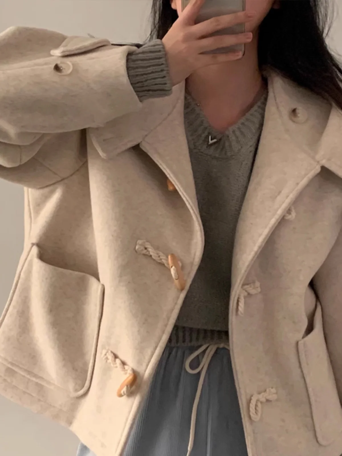 

Chic ort Autumn Winter Woolen Coat Women's Faionable Small Size Hooded Lapel Button up Korean Sle Commute Outerwear