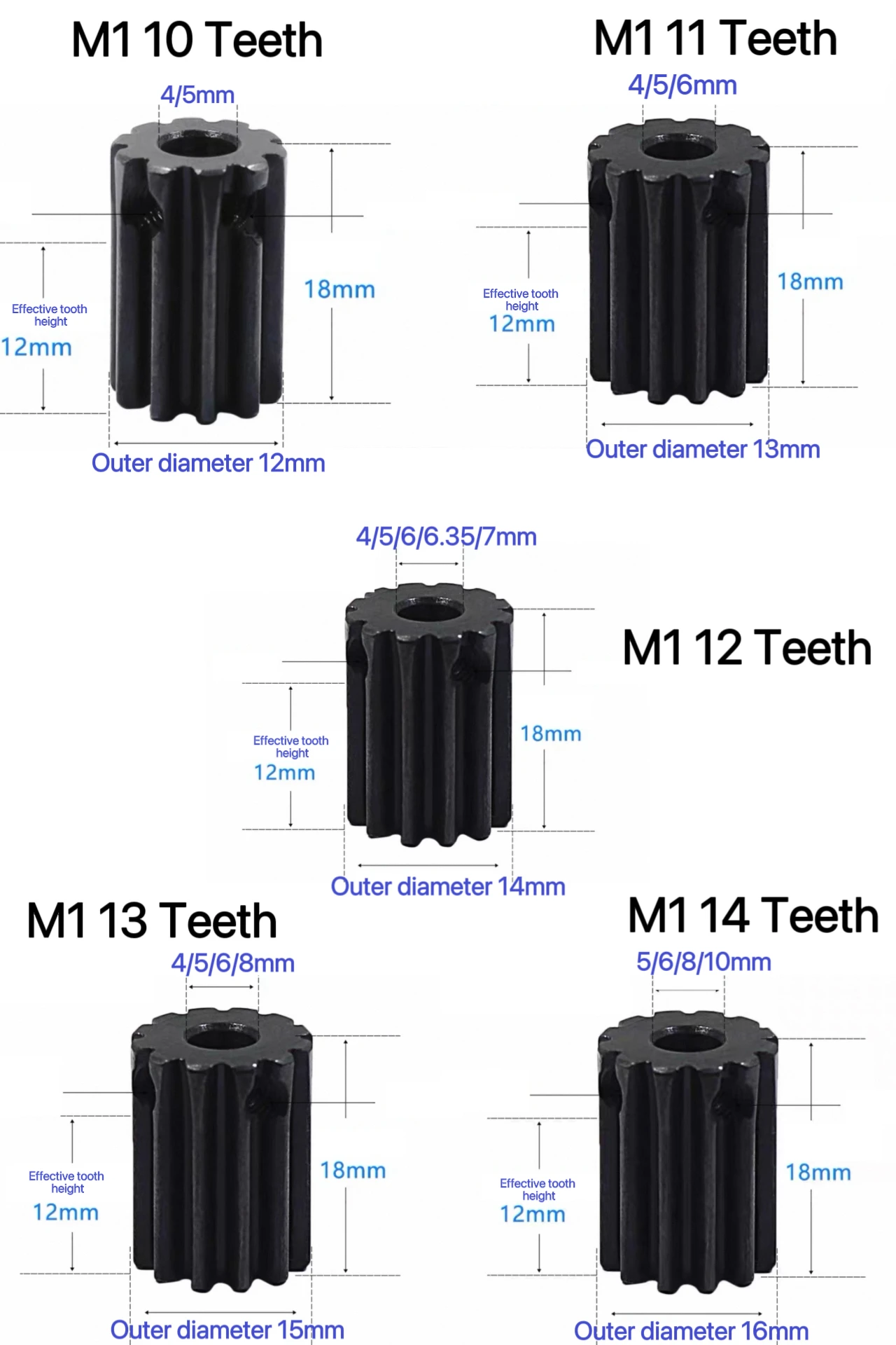 4-10mm M1 Spur Gear for DIY 3D Printer Small Robot Intelligent Car Desktop Machine Tool 18mm-Length 10-14 Teeth