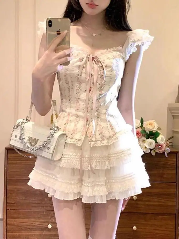 

Летние женские милые ретро-бежевые кружевные сексуальные топы без рукавов с оборками и высокой талией, полукороткая юбка, комплект из двух предметов