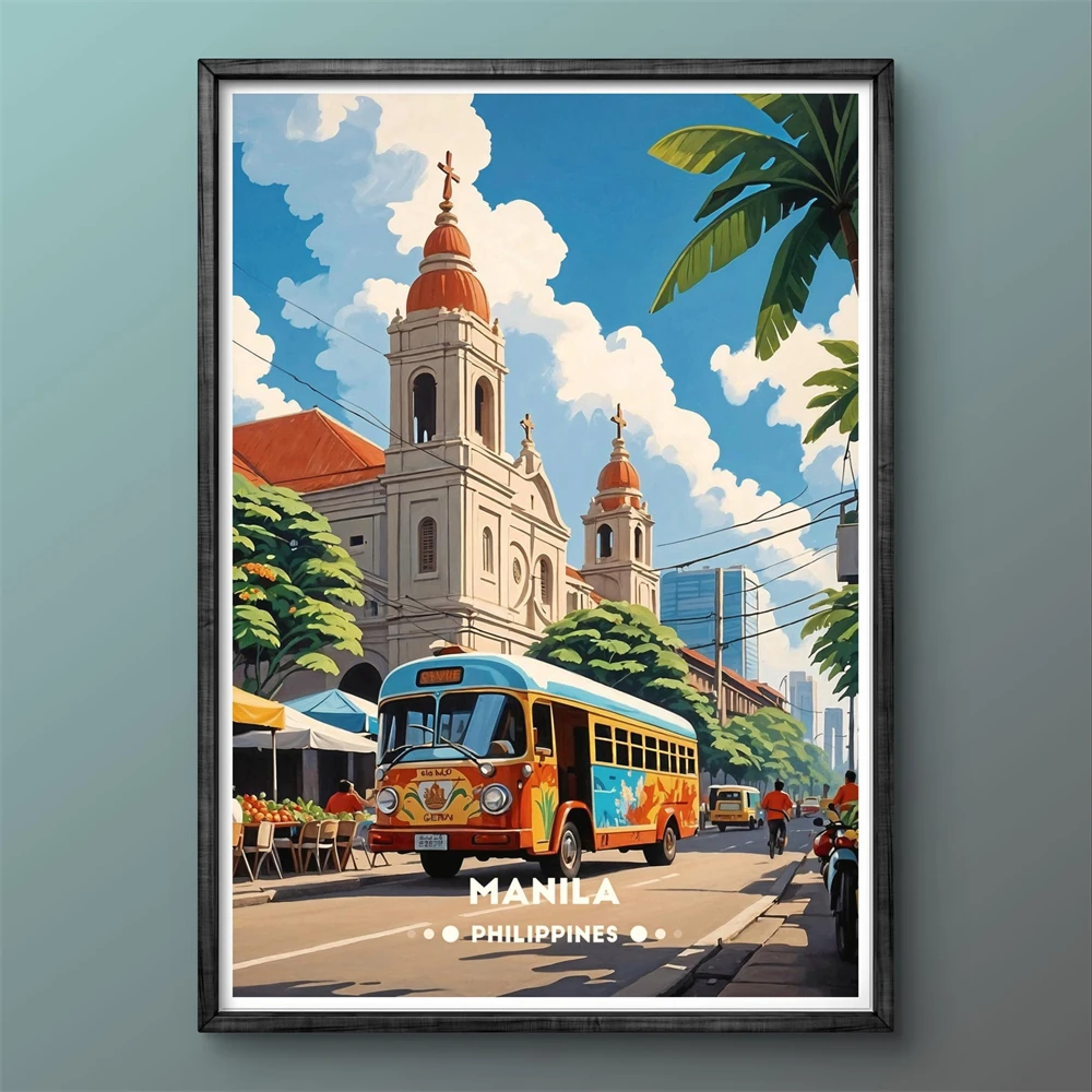 Póster Vintage de Manila, Impresión Artística de la Ciudad de Filipinas, Impresiones de Escenas Urbanas de Jeepney, Pintura en Lienzo, Decoración de Pared, Decoración para Sala de Estar