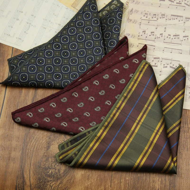 23cm New Classic Striped Pocket Square Men Formal Suit Accessories Polyester Green Dots Handkerchief Wedding Fashion Hanky Gift