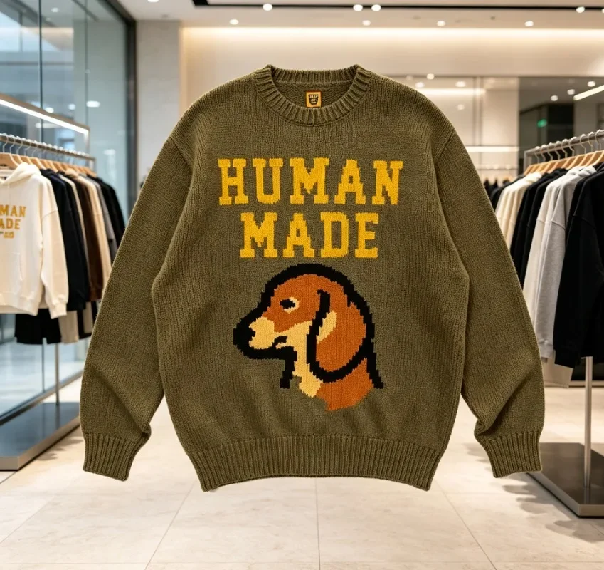 HUMAN MADE Vintage Dog Graphic Knit Sweater Heavyweight Cotton Round Neck Unisex