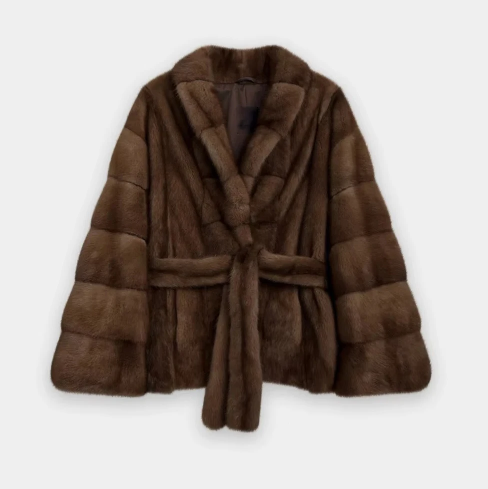 IG 2026 Women Stand Collar Belted Waist Faux Mink Fur Jacket Loose Long Sleeve Luxury Elegant Winter Party Daily Outer Coat 7