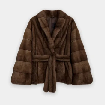IG 2026 Women Stand Collar Belted Waist Faux Mink Fur Jacket Loose Long Sleeve Luxury Elegant Winter Party Daily Outer Coat 7