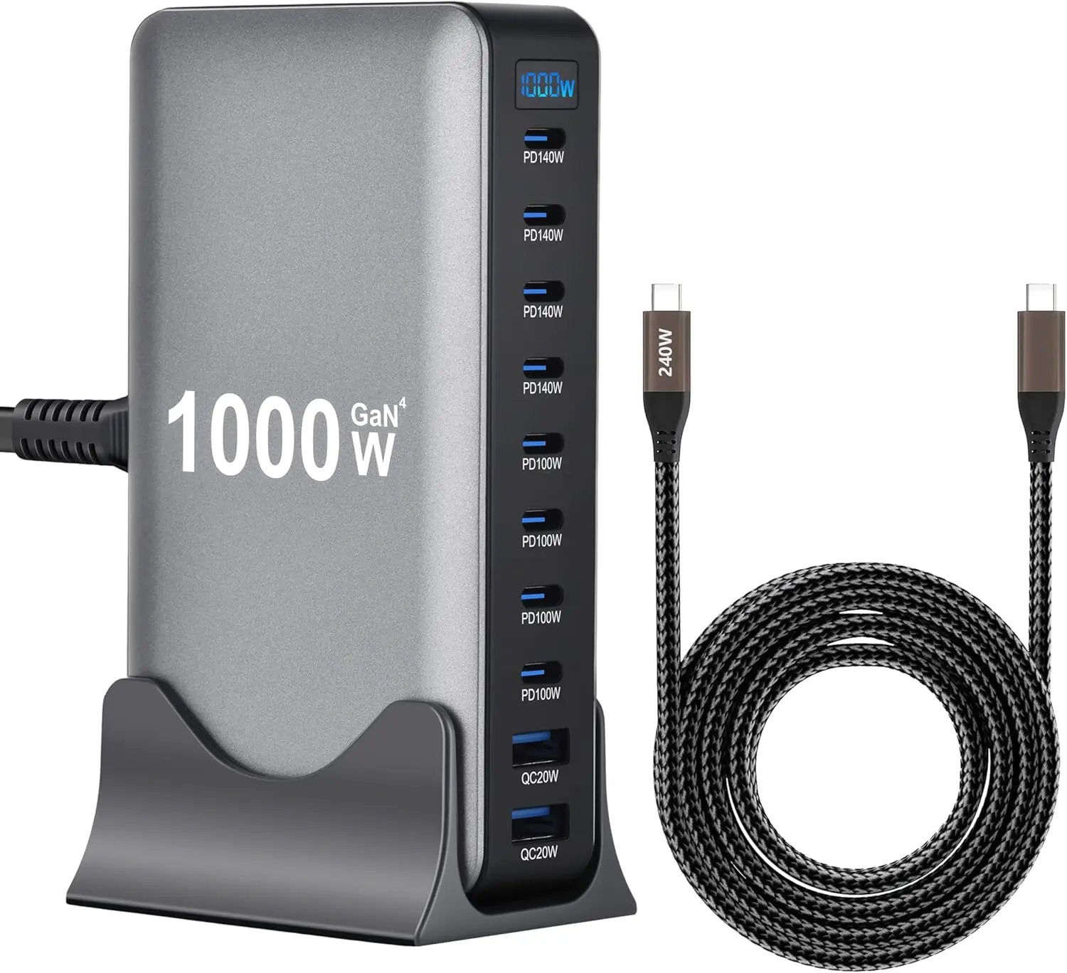

1000W 10-Port GaN Desktop Charging Station with 240W Cable for Tablets, Phones, Laptops
