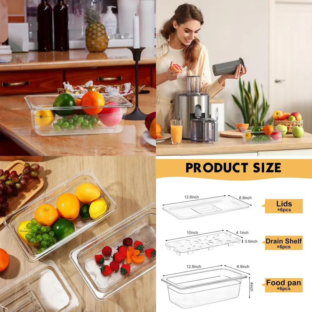 

6-Pack 1/3 Size Clear Polycarbonate Food Containers with Lids and Drain Shelf for Kitchen and Restaurant Use