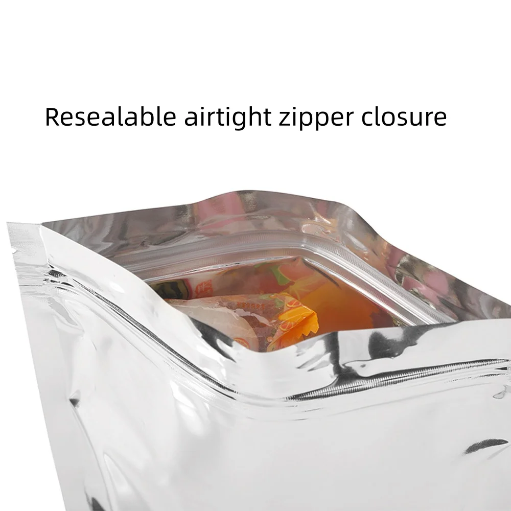 100pcs Silvery Stand-Up Resealable Aluminum Foil Bags - Food Grade Self-standing Zipper Aluminized Pouch for Tea Snacks Package