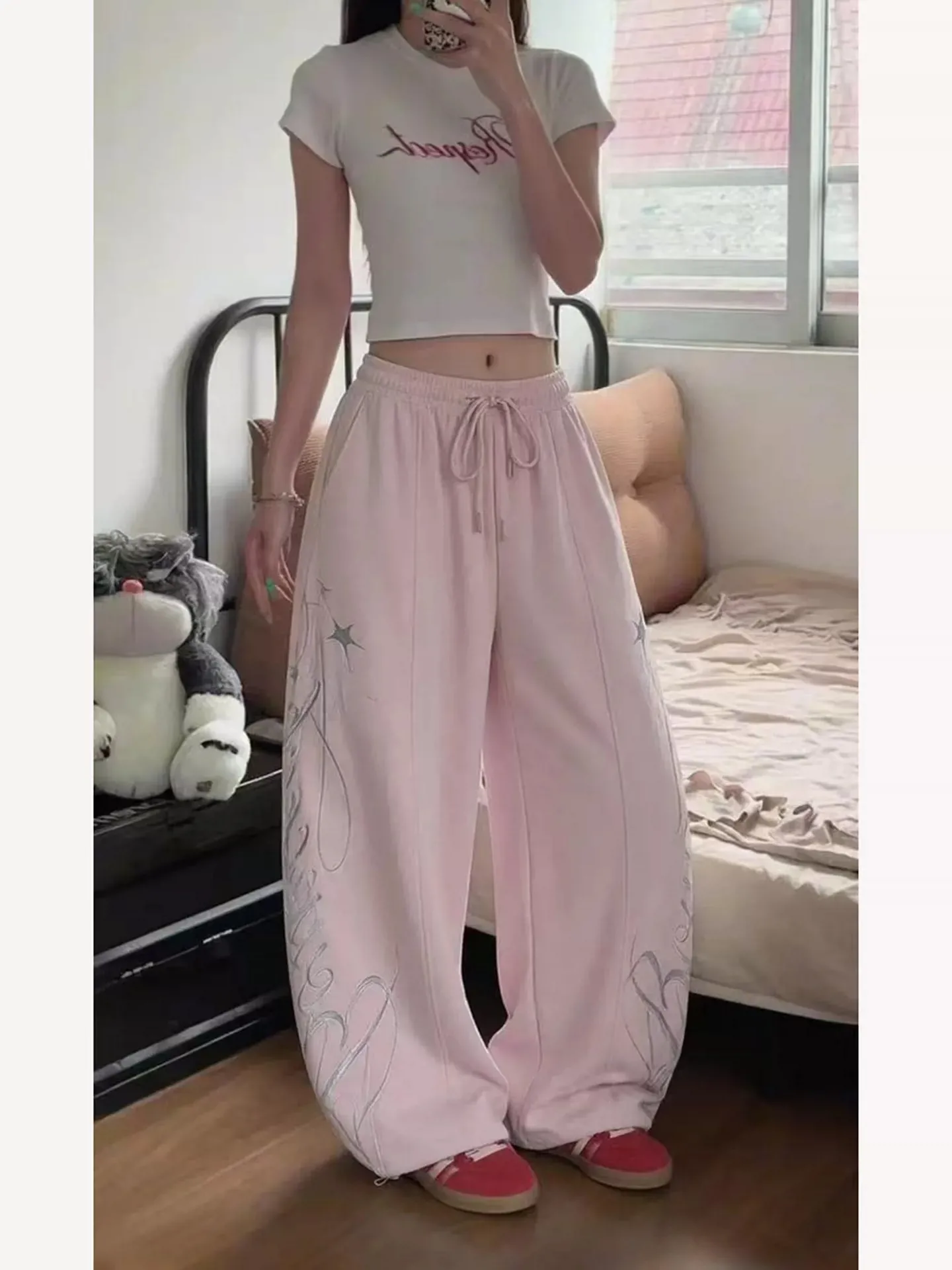 American Style Oversize Jazz Dance Sweatpants Women's Spring Autumn Loose Tassel Embroidered Elastic Waist Drawstring Wide Le...