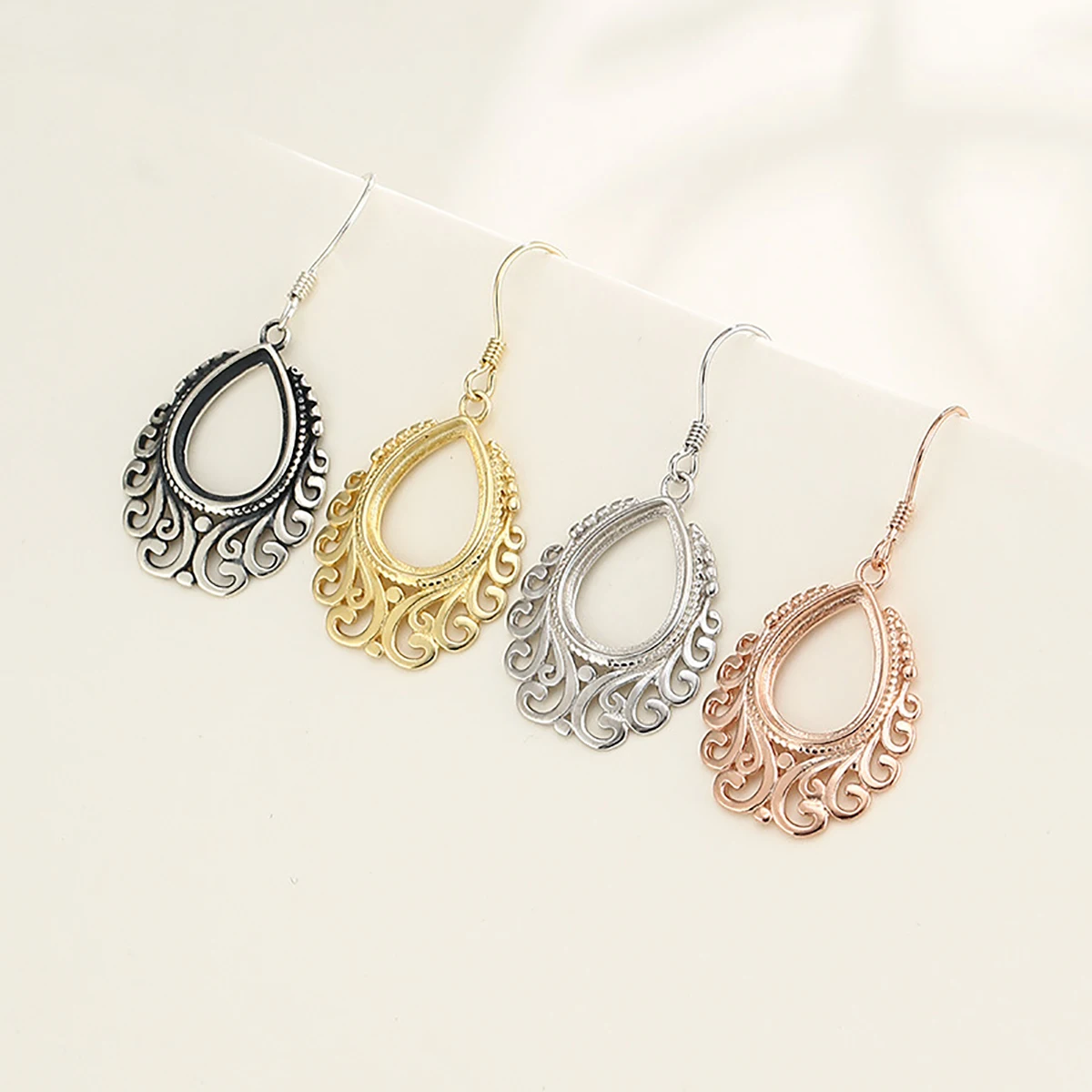 925 Sterling Silver Retro Pattern Earhook Set Fit Settings 9.5X13MM Teardrop Cabochon DIY Earring Charm Jewelry Making