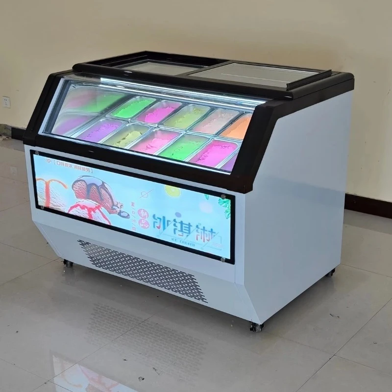 Congelador Comercial para Helados con Enfriamiento por Aire, Vitrina para Gelato con LED, Descongelación Automática y Vidrio Transparente para Máxima Visibilidad