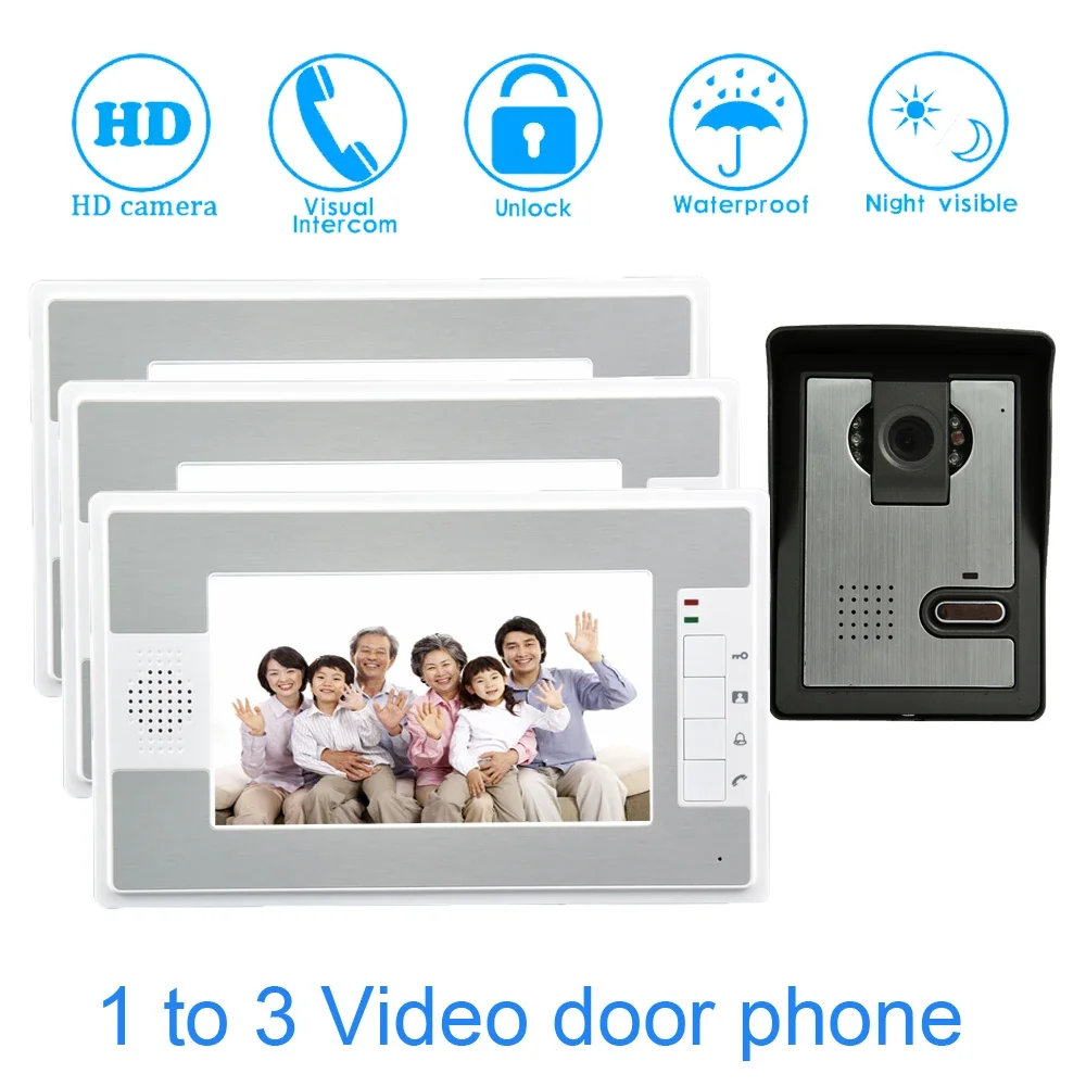 1Set Wire Door Bell 1 Outdoor Camera To 3 Indoor Display 7inch Video Door Phone Intercom System For Vistor Night Version