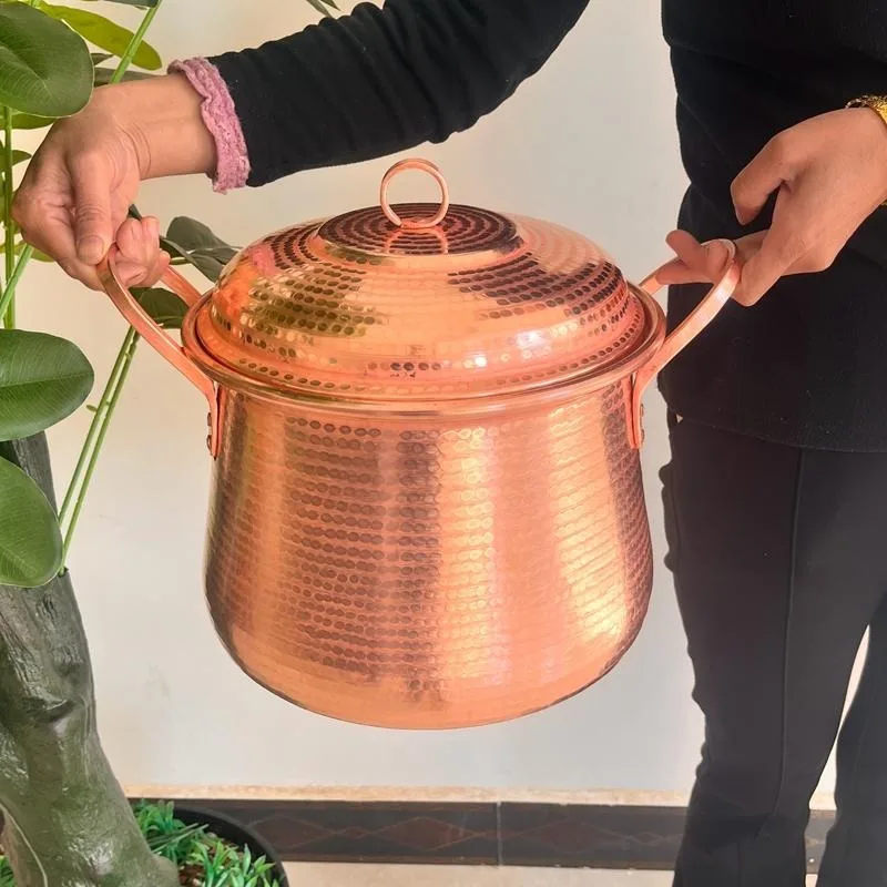 Hammered Red Copper Stock Pot With Lid Double‑Handle Hand Forged Cooking Pot For Induction Cooker Gas Stove Soup Stew Cookware