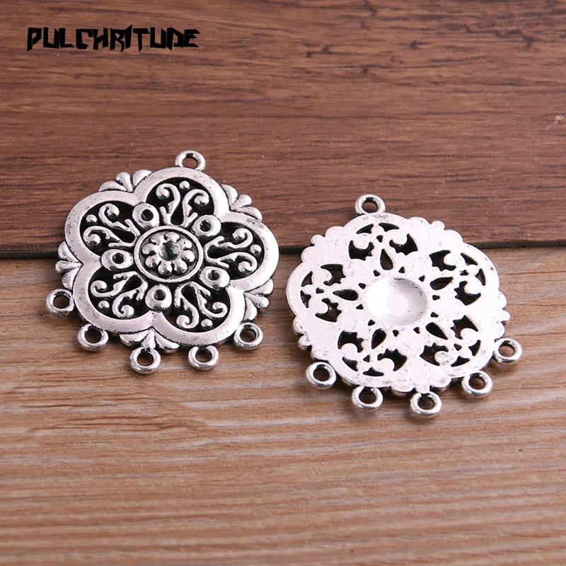 PULCHRITUDE 2pcs 32*40mm Two Color Zinc Alloy Vintage Round Hollow Flower Connectors Pendants Jewelry Making DIY Handmade Craft