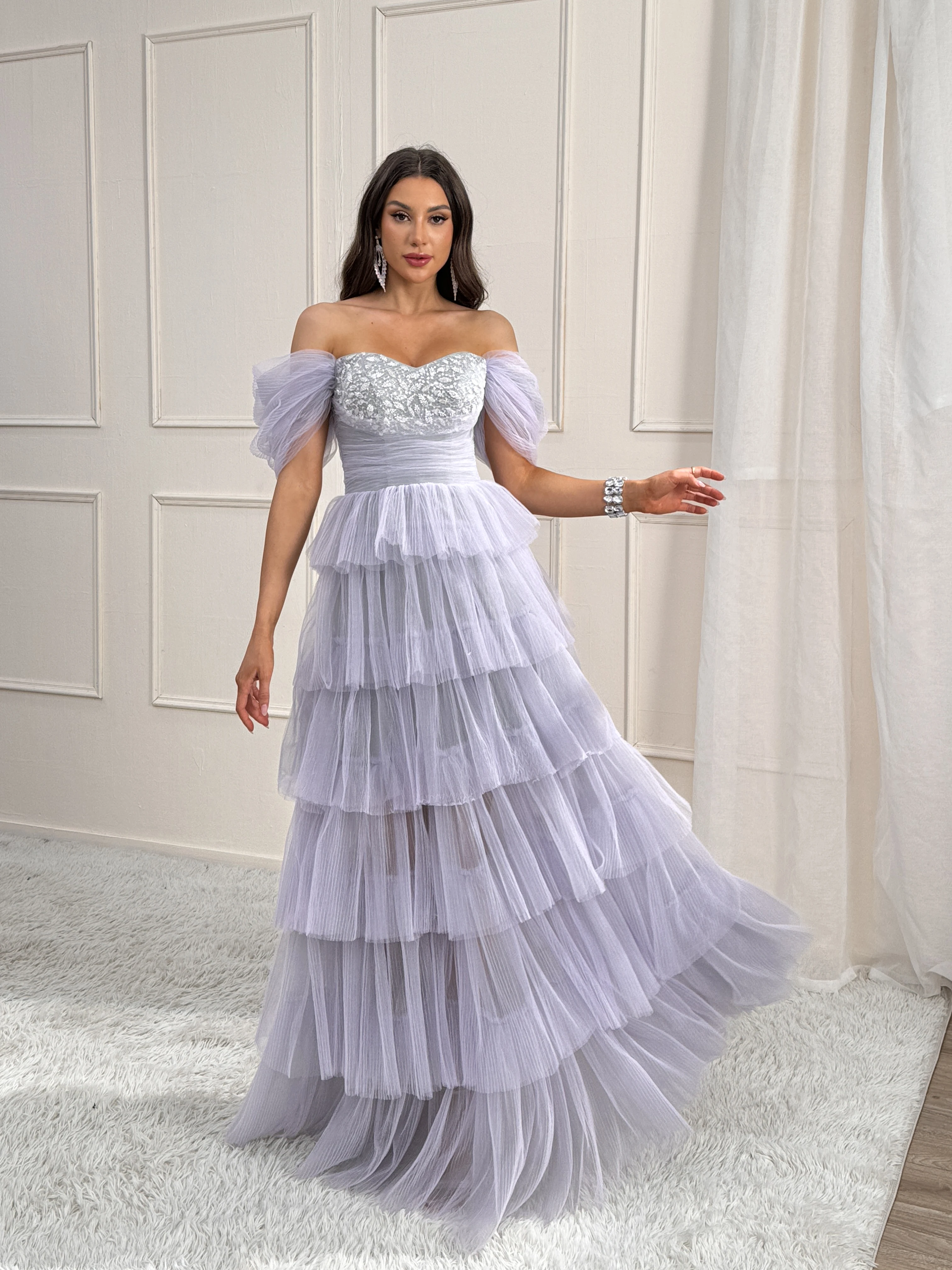 

Baiyi Layered Cake Dress Formal Elegant Blue A-line Long Evening Dress Handmade Beaded Off The Shoulder Ball Gown