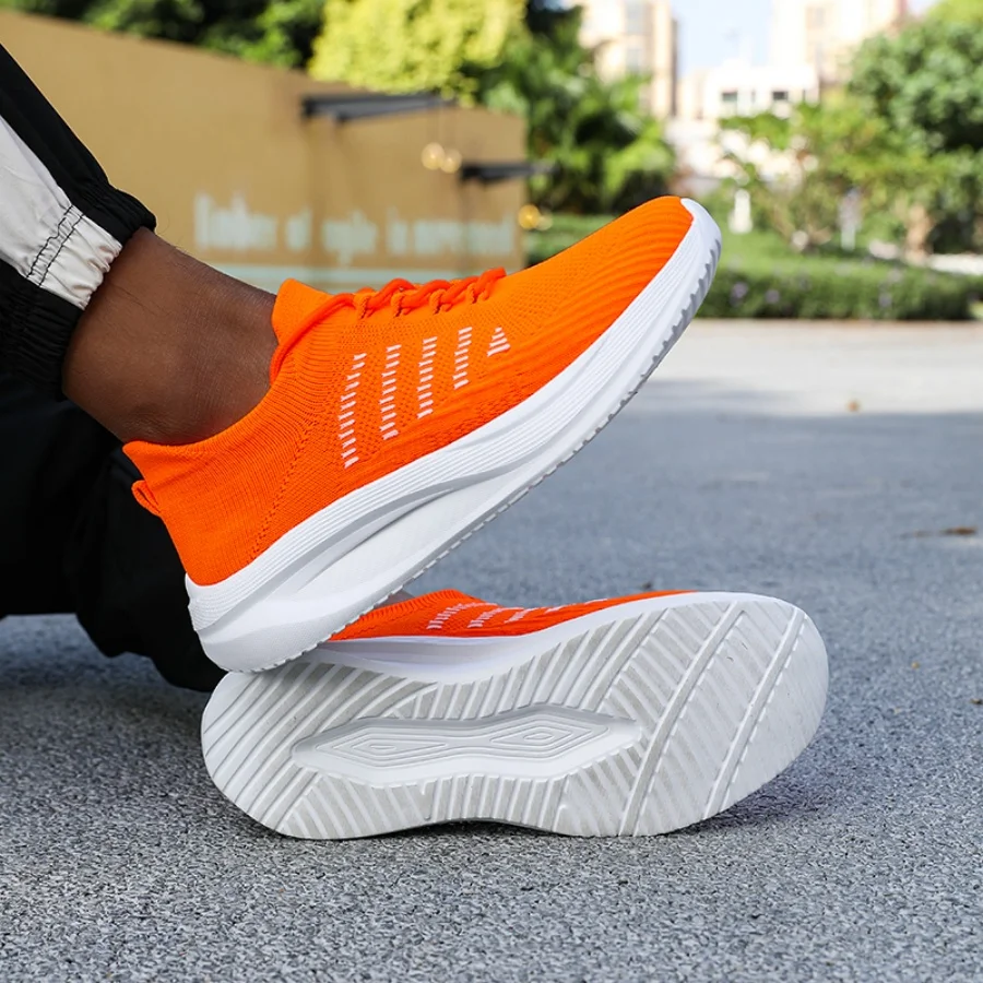 

Orange Knit Running Shoes Men Breathable Light Cushion Non Slip Casual Athletic Sports Walking Sneakers