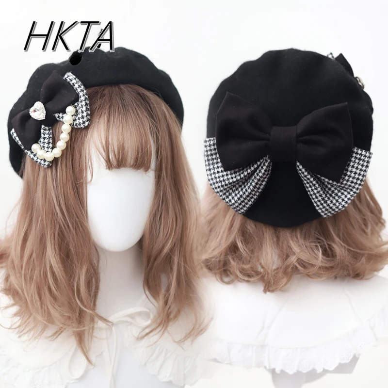 Sweet Bow Beret Hats for Women Girls Winter and Spring New Original Cute Black White Color Pearl Rhinestones Berets Ladies Caps