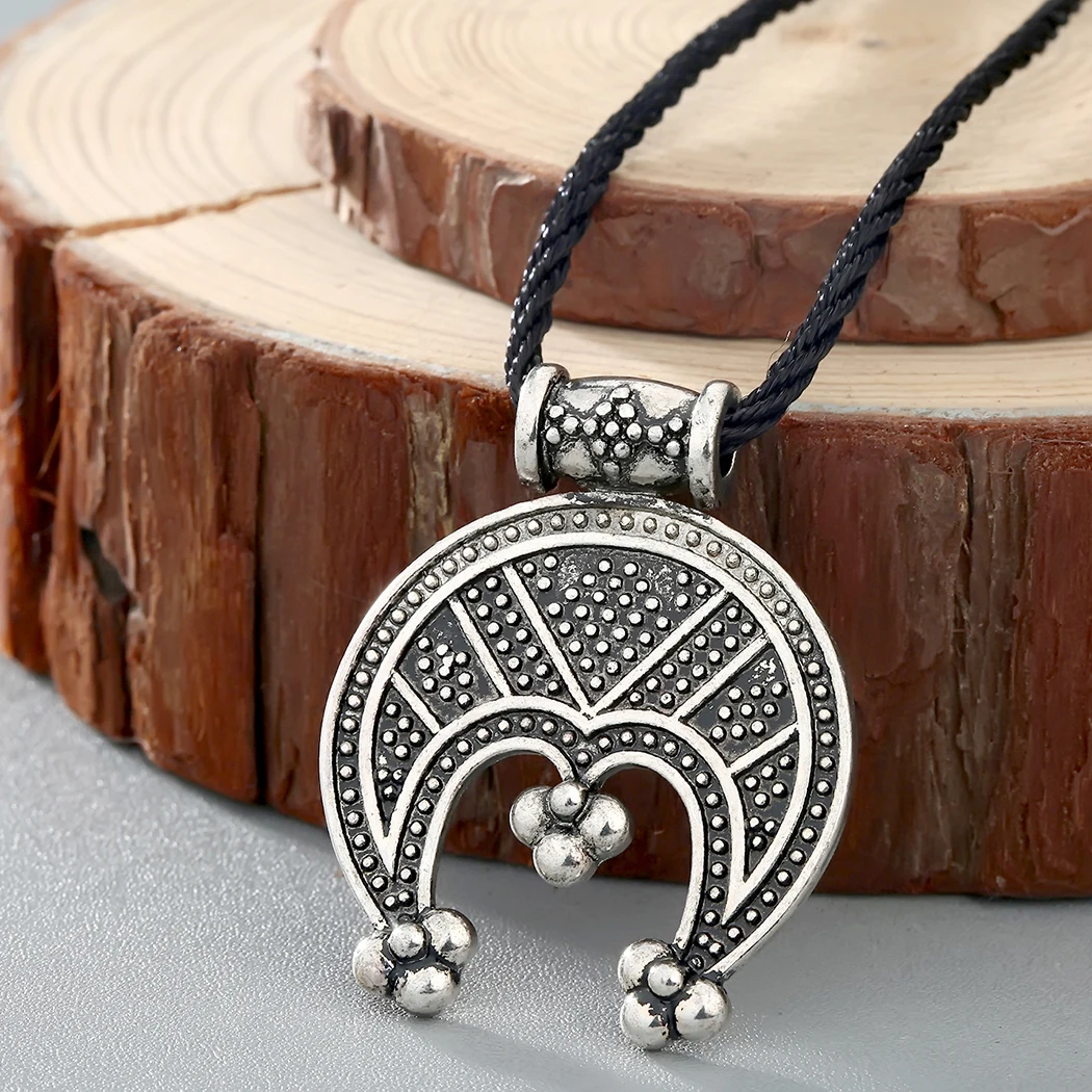 Slavic Lunnitsa Necklace Moon Charm Amulet Protection Pendant Men Punk Retro Black Rope Antique Silver Plated Jewelry Gifts