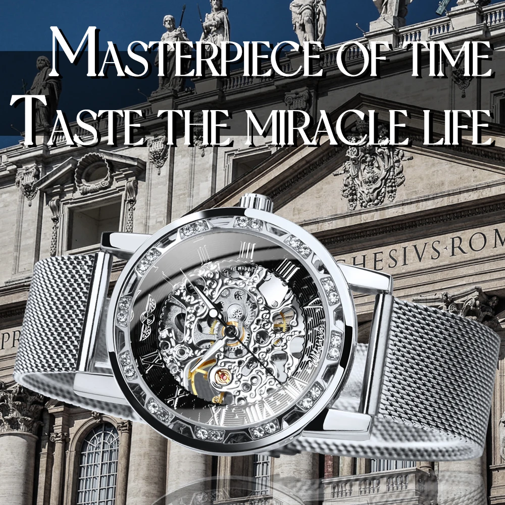 WINNER Classic Skeleton Hand Winding Mechanical Watch for Men Mesh Stainless Steel Strap Business Mens Watches Top Brand Gifts