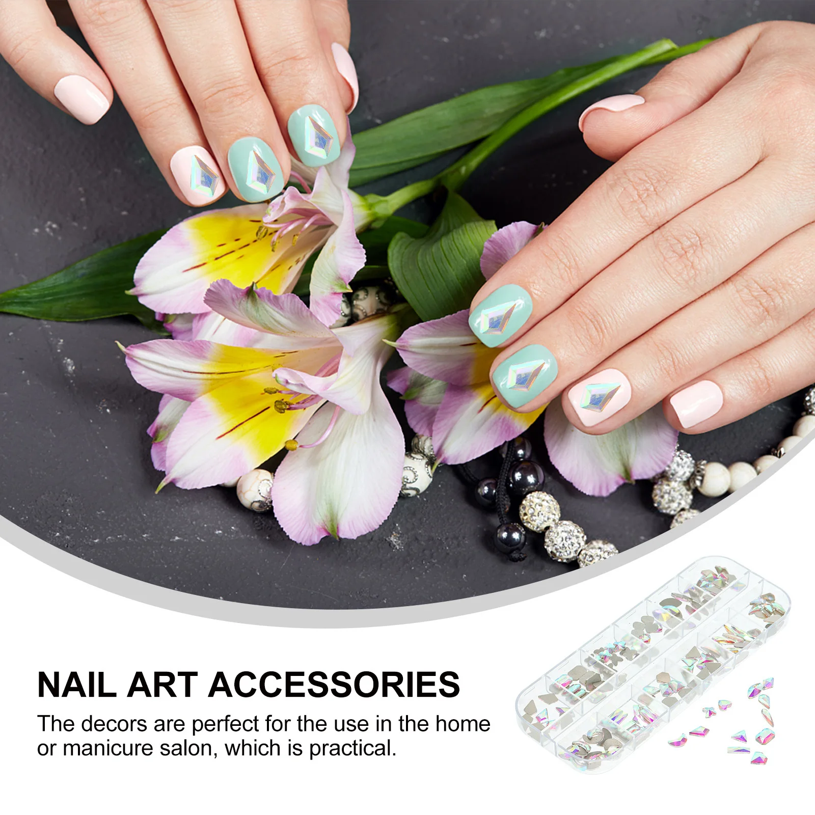 

1 коробка, подвески для ногтей, стеклянные стразы с плоской задней поверхностью, разные формы для стильного дизайна ногтей, стразы для ногтей, украшения для лица, рукоделия