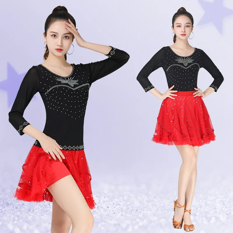 Women Latin Dance Skirt Long/Short sleeved Balloom Modern Dancewear Top for Stage Performance Outfit Matching Customized