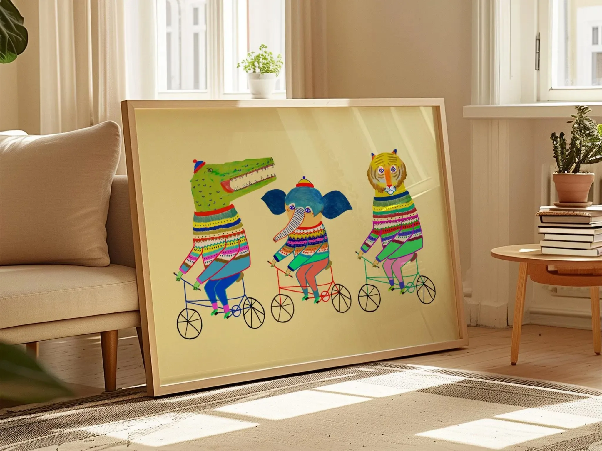 Biking Animals Art Print, Kids and Nursery Decor, Gift for Christmas and Birthday, Boys and Girls, Bright and Colorful Room Deco