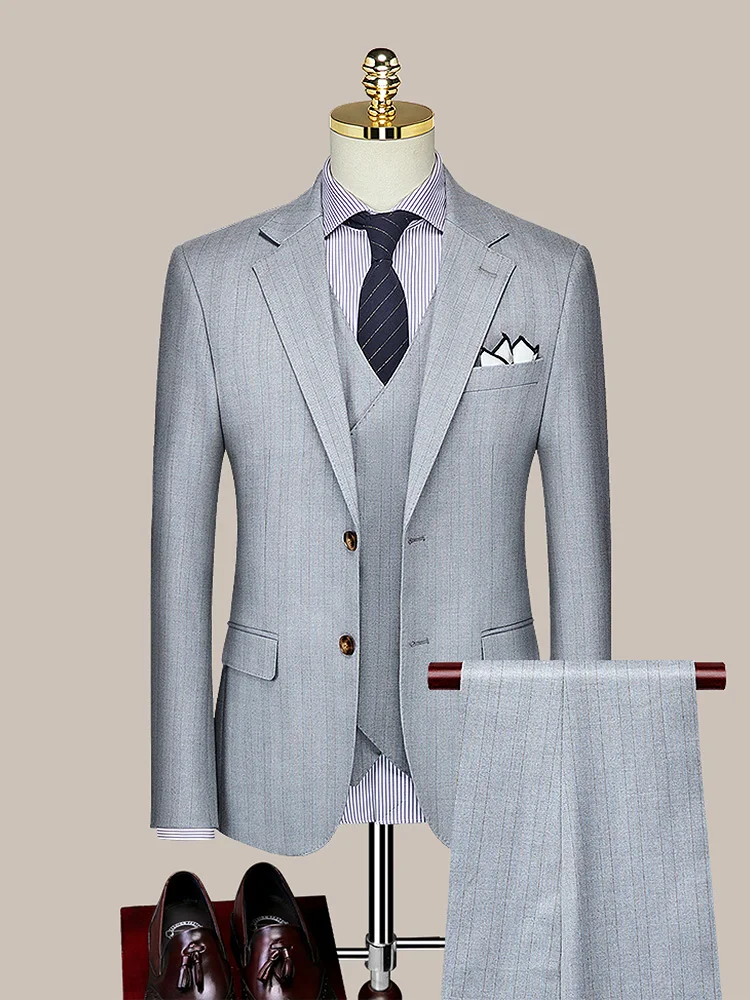 Mens Suits Set Blazer Vest Pant Korea Slim Style Normal Business Man Daily Clothing Wedding Groom Wear Single Breasted Grey