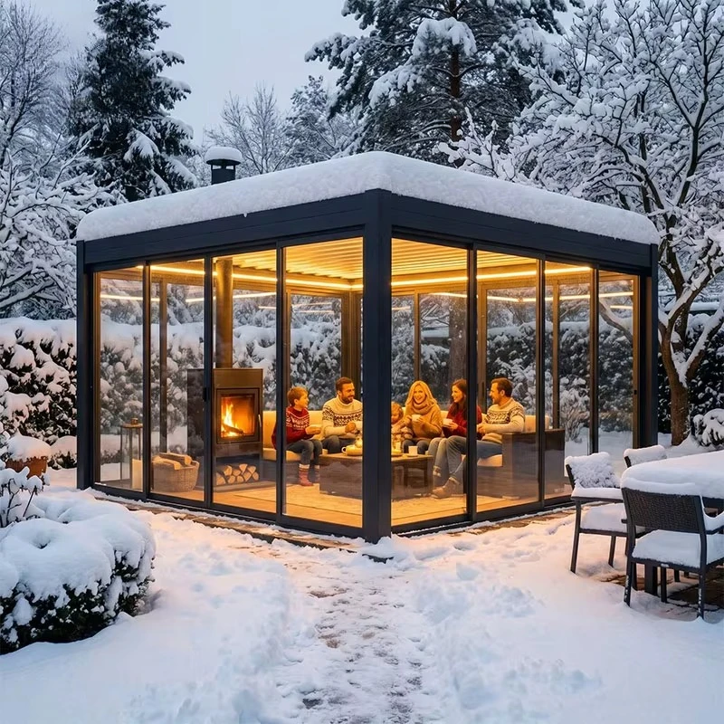 Outdoor Bioclimatic Motorized Louvered Pergola, Snowproof Aluminum Patio Roof with Sliding Glass Doors