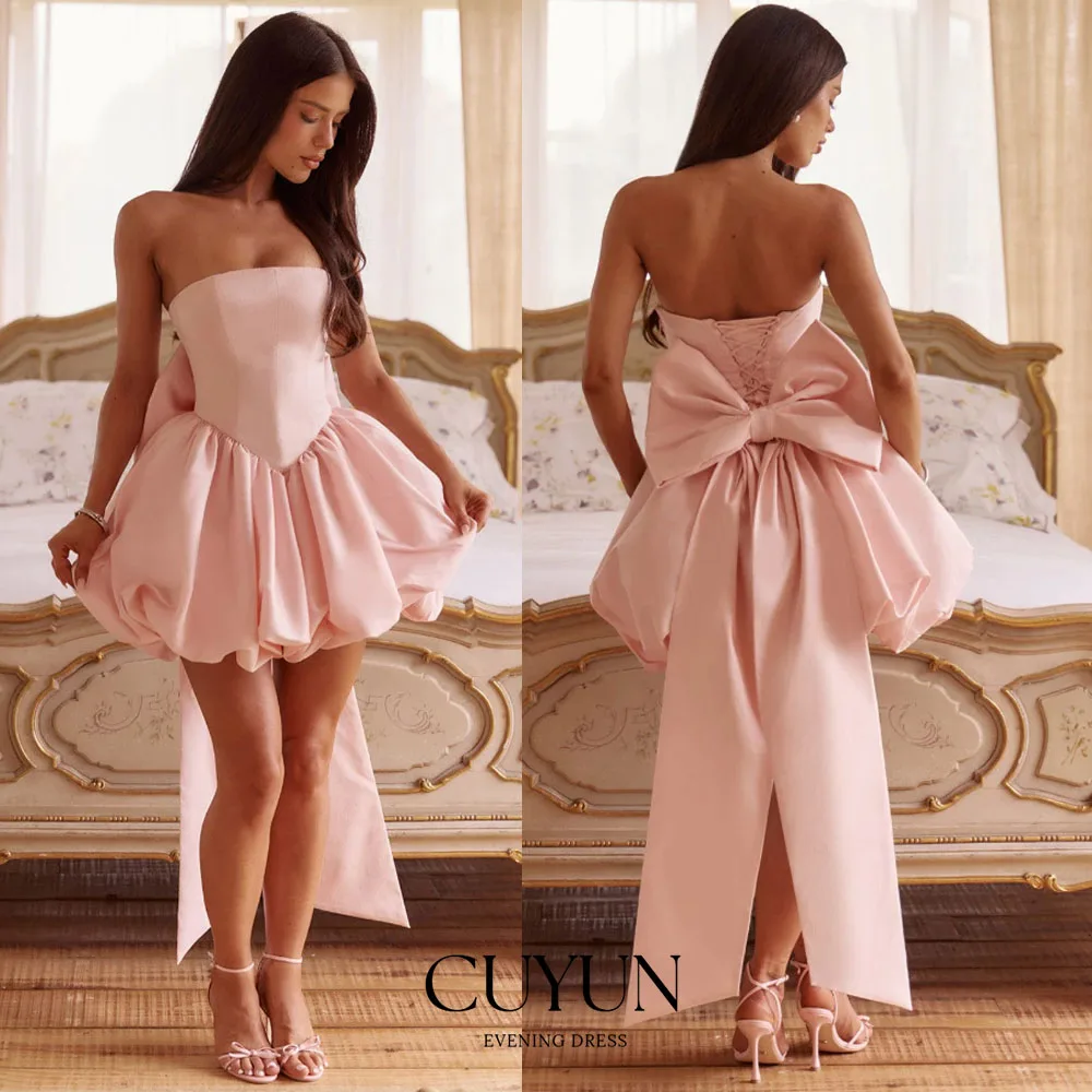 

CUYUN розовые мини-платья для вечеринок по индивидуальному заказу, вечернее платье без рукавов с бантом, корсет сзади, пышные платья без бретелек с рюшами для свадебного выпускного вечера