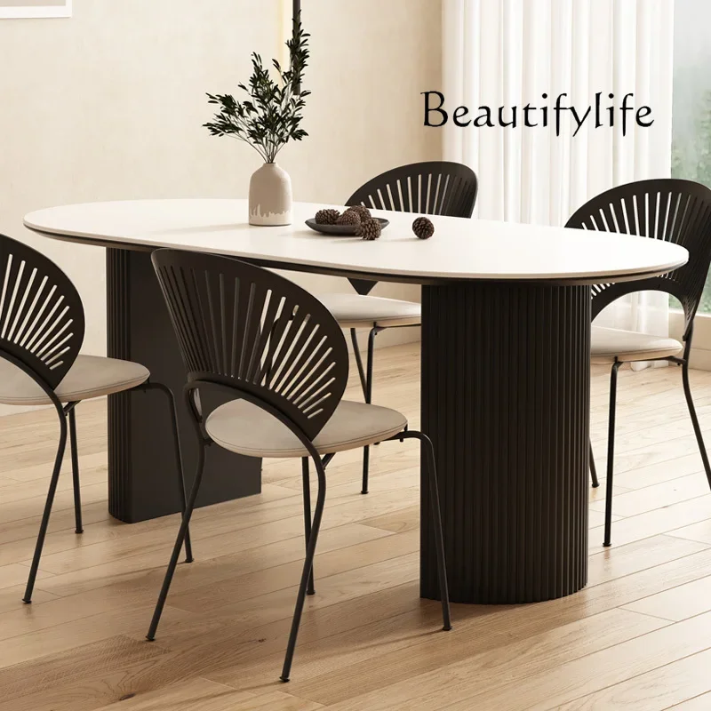 U Special-shaped Rock Slab Dining Table And Chairs Modern Household Small Apartment Cream Medium Antique Black Semi-round Feet