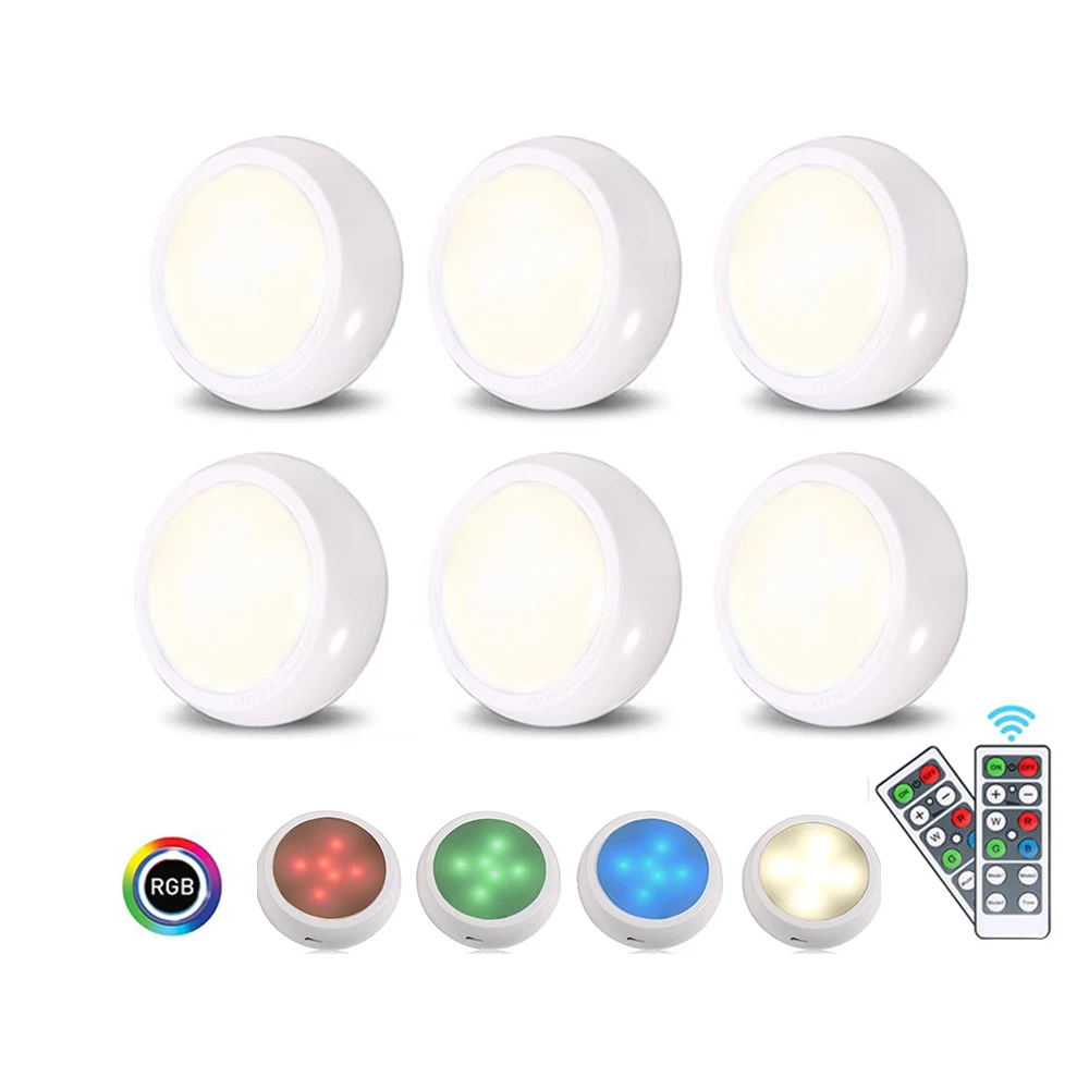 

Remote Control Mini Puck Lights LED Cabinet Light RGBW Battery USB Charge Counter Lighting 16 Colors Kitchen Closet Night Lamp