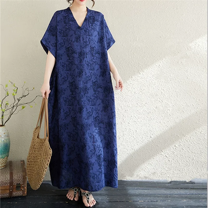 

Women's Sleep Dress V-Neck Lightweight Cotton Linen Loose Artistic Vacation Style Beach Skirt Retro Slimming Long Nightgown