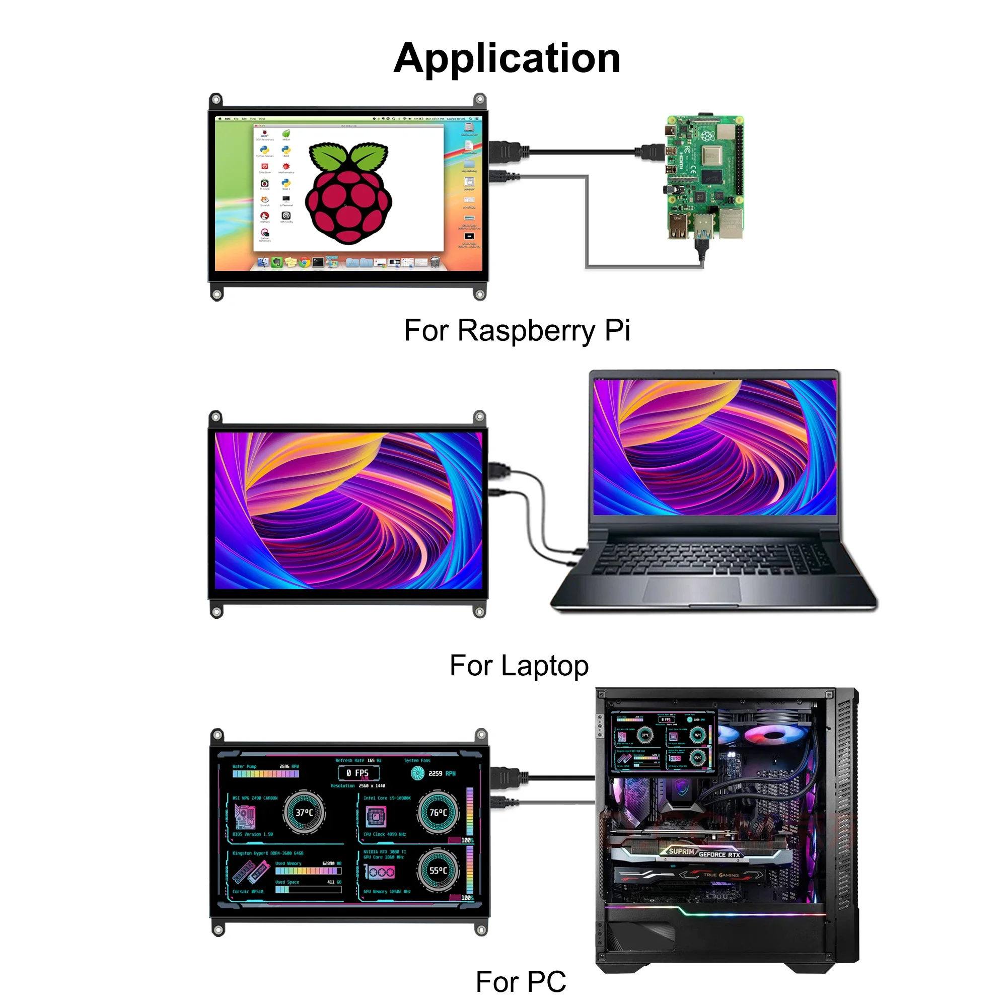Wisecoco Monitor mini Portabel 7 inci, 1024x600 Raspberry Pi layar sentuh IPS untuk Raspberry Pi 5 4 3 3B 3B + Windows AIDA64