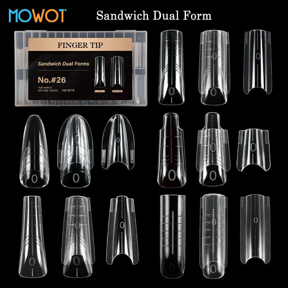 

MOWOT Новинка, 140 шт./280 шт., сэндвич, двойная форма для наращивания ногтей, верхняя форма для гроба, миндалевидные акриловые формы для верхней нижней части, 14 размеров, формы для ногтей