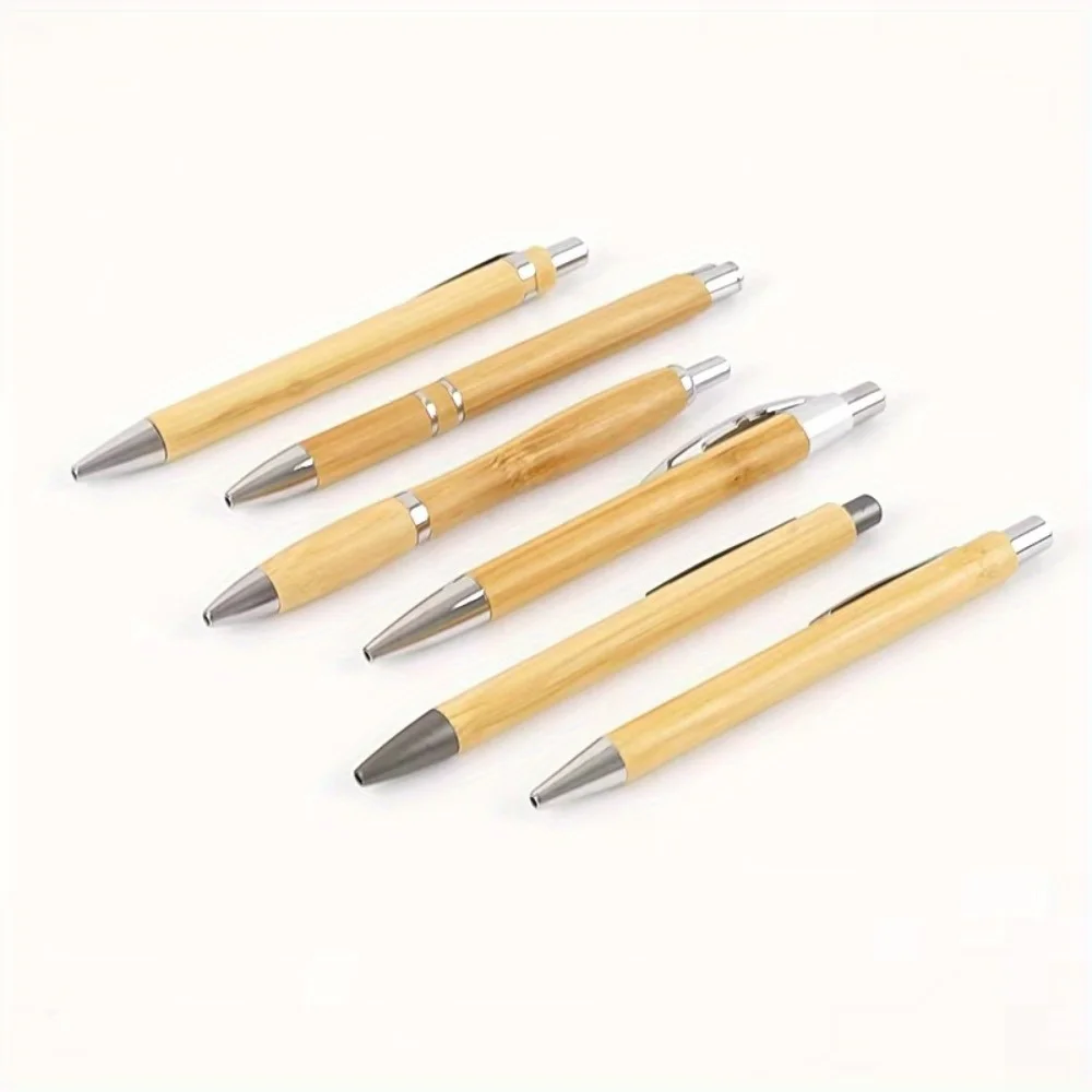6Pcs High Quality Bamboo Ballpoint Pens 1MM Nib Black Ink Retractable for Office School Writing Smooth Refillable